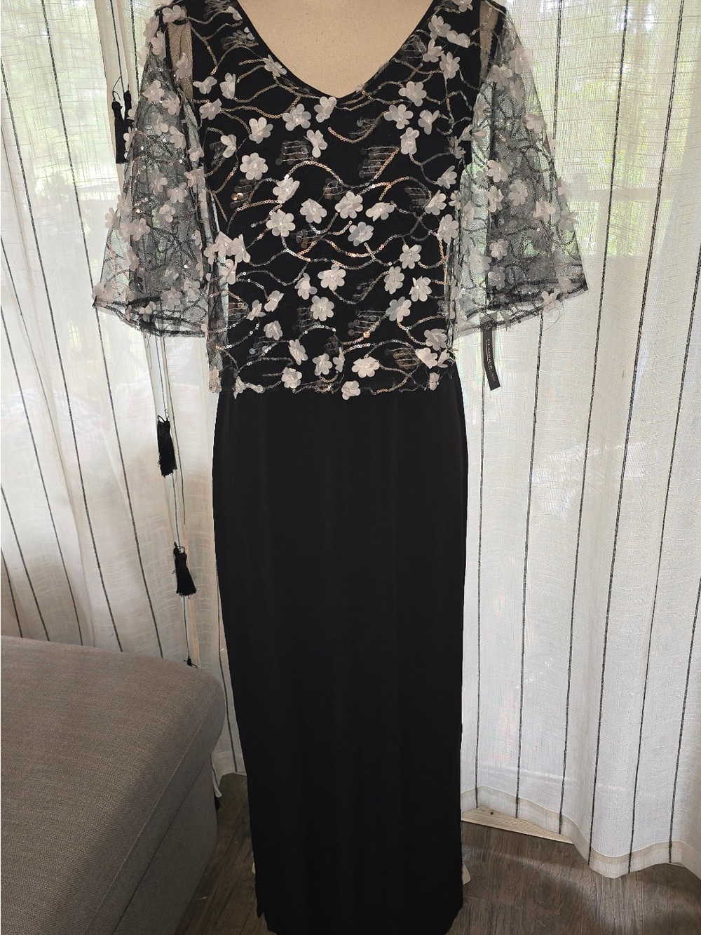Glamour Black Midi Dress with White Floral Lace Overlay